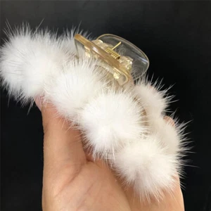 Women's Girls Real Mink Fur Hair Clip Hair Claw Bobby Pin Hairpin W Pompom Ball - Picture 1 of 6