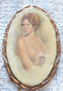 Leo Jansen Print Lacquered on Wood Nude Woman 33" x 21" Oval - Picture 1 of 5