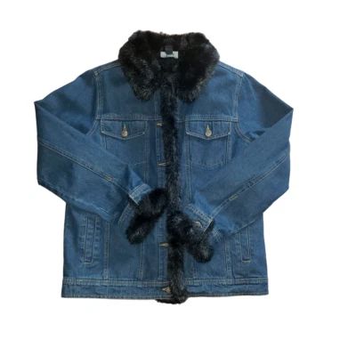 Dennis Basso  Denim Jacket Sz XS Black Faux Fur Removable Y2K - Image 1 of 4