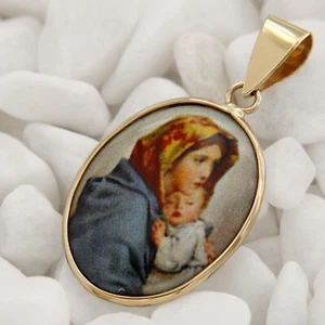 Medaglia ciondolo in vero ORO GIALLO 14 kt Beata Madre Vergine Maria Madonna e Bambino - Foto 1 di 8