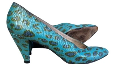 Винтажный 80-х BRUNO MAGLI синий зеленый золотой животных печати рептилии кожи каблуки туфли 7N - Изображение 1 из 4