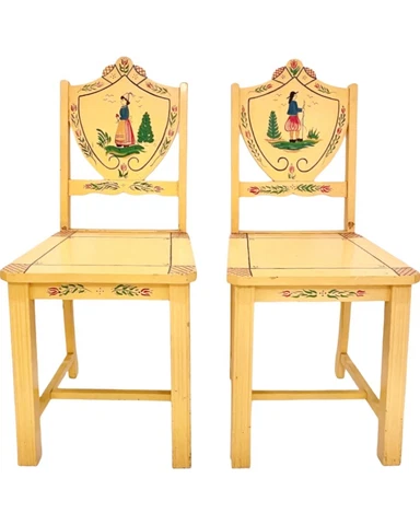 Pair Antique Hand-Painted Yellow French Country Style Folk Art Side Chairs Cover
