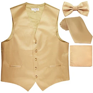 New Men's solid Tuxedo Vest Waistcoat & necktie & Bow tie & Hankie beige wedding - Picture 1 of 5
