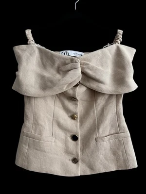 Blazer Top Zara Hombro Descubierto Viral Mezcla Lino Funky Botones US S Beige Foto 1 de 4