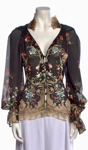 Roberto Cavalli 🌸Absolutely Divine🌸 Baroque Silk Romantic Blouse It 42-44 Read - Picture 1 of 11