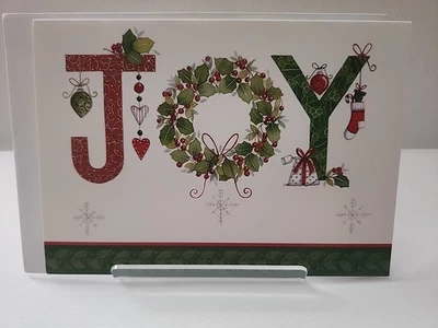 Christmas Greeting Card JOY Holly Berry Wreath Decorative Border Snowflakes - Image 1 of 4