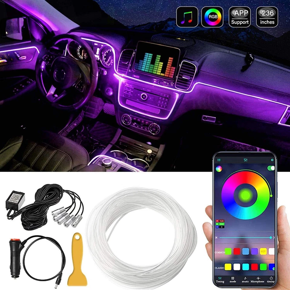 XUKEY Neon LED Light Trim Glow Optic Fiber Strip Car Interior Ambient Lighting Kit APP