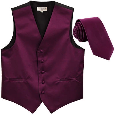 New Men's Formal Tuxedo Vest Waistcoat_Necktie solid dark purple wedding prom - Image 1 of 3