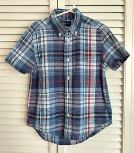 Ralph Lauren Blue Red Plaid Button Up Linen Blend Shirt Youth Boys Size 5 Preppy - Picture 1 of 12