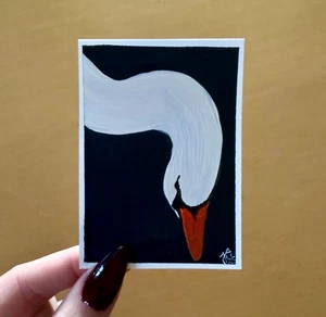 Peeping White Swan/Goose Bird Acrylic Painting ACEO Artist Trading Card - Picture 1 of 2