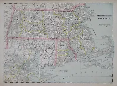Original 1888 Map MASSACHUSETTS RHODE ISLAND Newport Providence Worcester Revere - Image 1 of 4