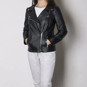 Women's Biker Jacket Genuine Lambskin Leather Black Motorcycle Slim fit Designer - Picture 1 of 4