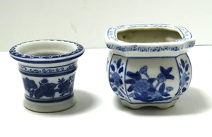 (2) KLEINER Bombay blau & weiß Chinoiserie quadratisch & rund Cachepot ~ 2,5" Höhe & 3" Höhe - Bild 1 von 16