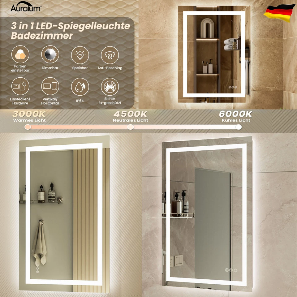 LED Wandspiegel mit Beleuchtung Badspiegel 80-100cm Touch Spiegel Beschlagfrei - Bild 1 von 1