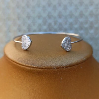 Heart Cuff Bangle Bracelet Silver Tone Crystals Dainty Delicate Modernist Gift - Image 1 of 4