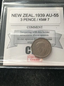 1939 New Zealand ; 3 Pence, Coin Mart Graded**AU-55** KM# 7 - Picture 1 of 8