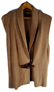 Womens LRL Ralph Lauren Cardigan Vest Sweater Sleeveless Leather Buckle Brown 3X