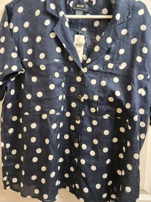 Anthropologie Nuevo con Etiquetas Maeve Botón Abajo Azul Marino Estampado de Punto, 100% Lino, Talla XL Foto 1 de 4