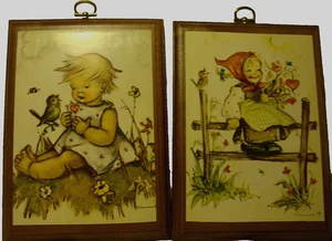Vintage Set (2) 70er Jahre Home Interior Holz Kinder Bilder Wandtafeln Deko 404 - Bild 1 von 5