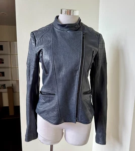 Theory Women's Motorcycle Moto Macha Juno  Leather  faux Jacket Moto Blue Medium - Picture 1 of 7