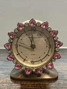 Phinney Walker Pink Rhinestone Clock Vintage Alarm Clock Works Collectible - Picture 1 of 12