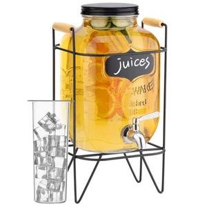 Glass Jar Drink Dispenser with Tap - Includes Metal Stand, Ice Tube, and Frui... - Picture 1 of 8