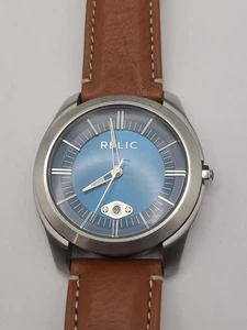 Relic Analog Quarz Herrenuhr blaues Ziffernblatt braunes Band neue Batterie funktioniert - Bild 1 von 13