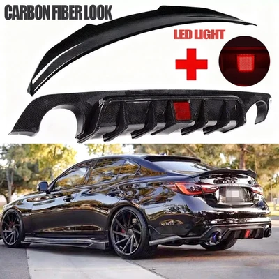 Fit 2018-2024 Carbon Fiber Infiniti Q50 Rear Bumper Diffuser & Rear Spoiler wing - Image 1 of 4