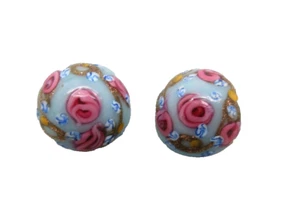 Italian Wedding Cake Earrings Murano Venetian Glass Clip On Flowers Pink Roses - Picture 1 of 7