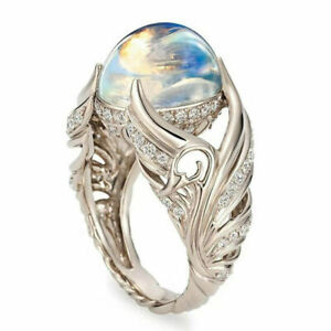 Elegant 925 Silver Moonstone Ring Women Wedding Jewelry Bridal Rings Size 5-10