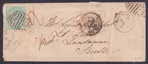 1861 1/- Green SG72 London to Lausanne Switzerland via Paris Red PD - Picture 1 of 2