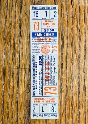 RARE FULL Ticket Polo Grounds NY Mets vs the Cincinnati Reds September 14, 1962 - Image 1 of 2