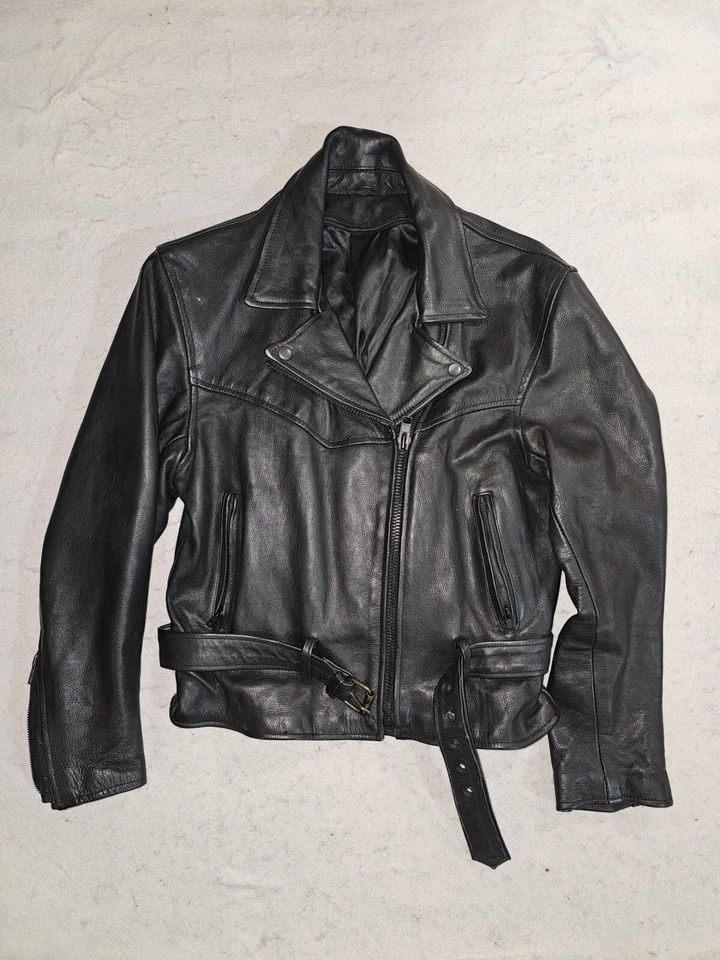 Chaqueta de cuero vintage para motocicleta cremallera completa con cinturón peso pesado años 90 para mujer talla mediana” Foto 1 de 4