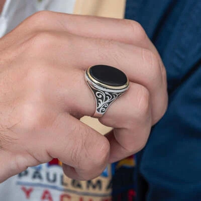Solid 925 Sterling Silver Shape Oval Gemstone Natural Black Onyx Men's Ring Gift - Image 1 of 4