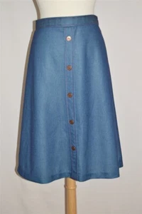 vintage 70s LAURENTE POLYESTER NAVY BLUE BUTTON FRONT WOMEN'S A LINE SKIRT 13/15 - Picture 1 of 4