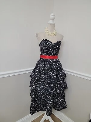 VTG'80 DIAMOND'S RUN Strapless Evening Prom Formal Party Polka Dot Taffeta Dress - Image 1 of 4