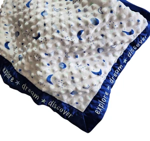 Just Born Baby Blanket White Minky  w/ Space Print Blue Satin Trim Embroidered - Picture 1 of 5