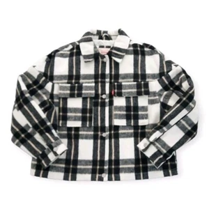 Levi’s Jacket Womens Medium Cream Black Wool Blend Plaid Short Zip Up Casual - Picture 1 of 20