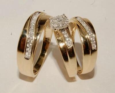 Couples Matching Wedding Trio Ring Set 2Ct Real Moissanite 14K Yellow Gold Over - Image 1 of 4