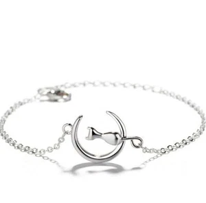 Cat Moon Kitten Silver SP Charm Foot Ankle Bracelet Chain Anklet A30 - Picture 1 of 2