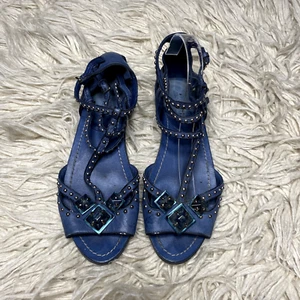 miu miu gray Studded Jewelled Open Toe Leather Flat Sandals size 8 - Picture 1 of 8