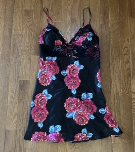 Victoria Secret Sexy Little Things 2007 Vestito Slip Babydoll Raso Nero Floreale S - Foto 1 di 5