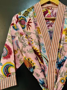 Cotton Kimono Robe Dressing Gown, Block Print Bridesmaid Robe, Summer Nightwear - Picture 1 of 4