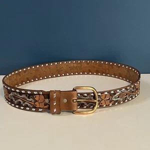 VTG Chambers Western Leather Belt Tooled ACORNS Hand Laced 34 Never Used! - Picture 1 of 13