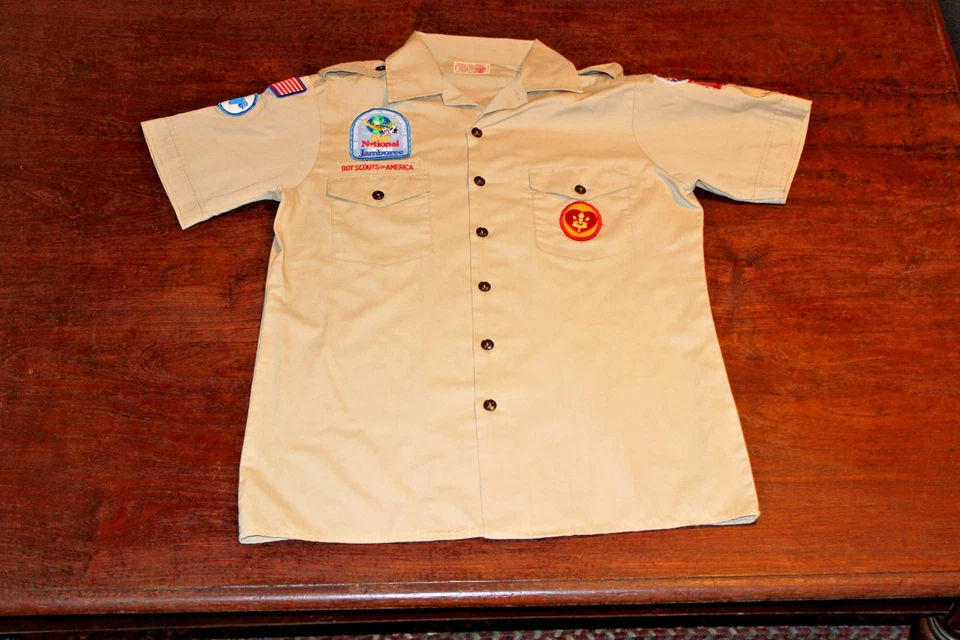 Boy Scouts of America BSA Men's Shirt Tan Medium Sewn Patches Short Sleeve - Image 1 of 4