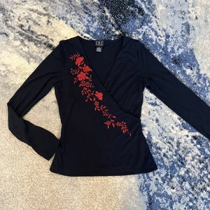 Women's INC Black Top w/Red Embroidered Flowers Size Medium - Picture 1 of 7