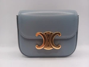 NEW Celine Triomphe Mini Claude Shoulder Bag Leather In Blue Grey - Picture 1 of 17