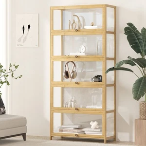 Oikiture Display Cabinet Storage 5-Tier Shelves Clear Bookcase Stand Rack Oak - Picture 1 of 10