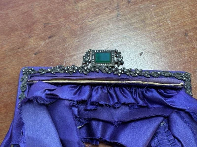 Antique Art Nouveau Silver Plate Purse Frame w/ Marcacites and Chalcedony stone - Image 1 of 4