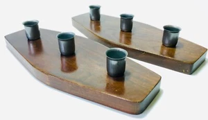 Pair Mid Century Modern Folk Art Rosewood Candle Holders Sculptures Minimalism - Picture 1 of 12